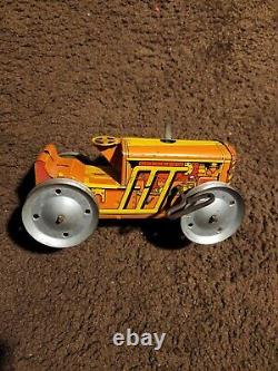 Vintage Rare Marx Toys Friction Wind Up Lithograph Tin Tractor Orange Yellow 8