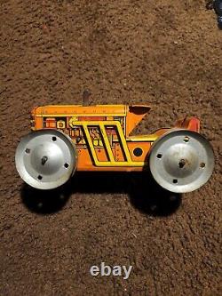 Vintage Rare Marx Toys Friction Wind Up Lithograph Tin Tractor Orange Yellow 8