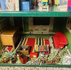 Vintage T Cohn Tin Litho Dollhouse Fully Furnished