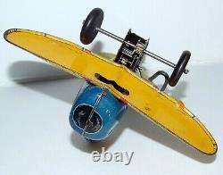 Vintage Tin 1940 Marx Wind Up Roll Over Stunt Airplane Blue & Yellow #12 Nice
