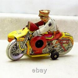 Vintage Tin Litho 1930s Marx Police Motorcycle, Side Car Wind Up Toy, Works Ok