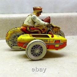 Vintage Tin Litho 1930s Marx Police Motorcycle, Side Car Wind Up Toy, Works Ok