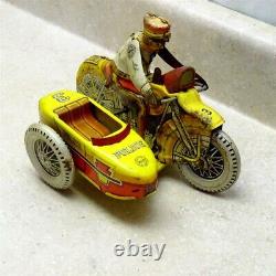 Vintage Tin Litho 1930s Marx Police Motorcycle, Side Car Wind Up Toy, Works Ok