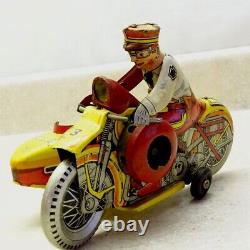 Vintage Tin Litho 1930s Marx Police Motorcycle, Side Car Wind Up Toy, Works Ok