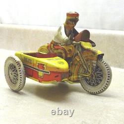 Vintage Tin Litho 1930s Marx Police Motorcycle, Side Car Wind Up Toy, Works Ok