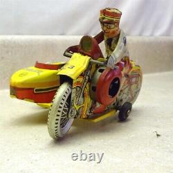 Vintage Tin Litho 1930s Marx Police Motorcycle, Side Car Wind Up Toy, Works Ok