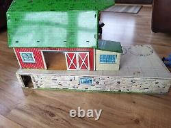 Vintage Tin Litho Happi Time Farm Building WithAnimals, People & Accessories
