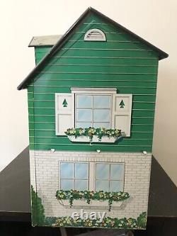 Vintage Tin Litho Marx Dollhouse Green Siding Colonial Metal 5 Rooms