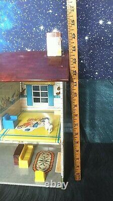 Vintage Two Story Marx Tin Doll House with Furniture 2 trees and a Poodle