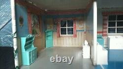 Vintage Two Story Marx Tin Doll House with Furniture 2 trees and a Poodle