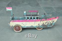 Vintage Wind Up Early Handpainted Unique Tin Boat Toy, Germany