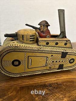 Vtg 1930's Marx Tin Litho Wind Up Powered Car WW1 Doughboy Tank Vehicle