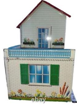 Vtg 1950s Marx Dollhouse Tin Metal Litho Colonial Doll House 2 Story, 7 Rooms