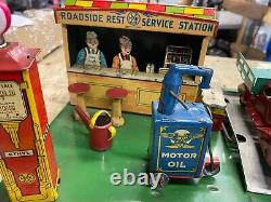 Vtg Marx Roadside Rest Gas Oil Service Station litho Tin Toy Train Car 1930's