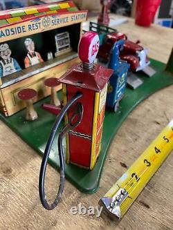 Vtg Marx Roadside Rest Gas Oil Service Station litho Tin Toy Train Car 1930's