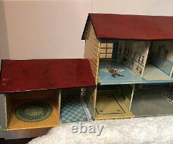 Vtg Marx Tin Litho Doll House 2 Story Pressed Metal 1950s