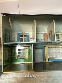 Vtg Marx Tin Litho Doll House 2 Story Pressed Metal 1950s