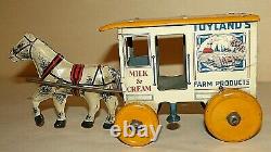 Vtg Marx Tin Litho Wind up Toy Horse and Wagon toyland's farm products works