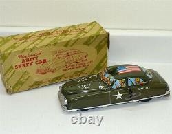 Vtg Tin Litho Marx Mechanical Army Staff Car withBox, Wind Up Toy Vehicle, Works