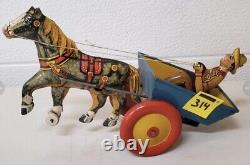Vtg marx tin plate lithograph Balkey horse Pony With Cart And Driver Tin toys