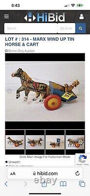 Vtg marx tin plate lithograph Balkey horse Pony With Cart And Driver Tin toys
