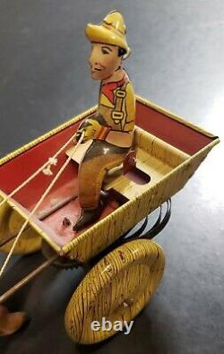 WORKS! Original vintage MARX Wind-up tin Toy DONKEY Wagon/Cart Driver antique